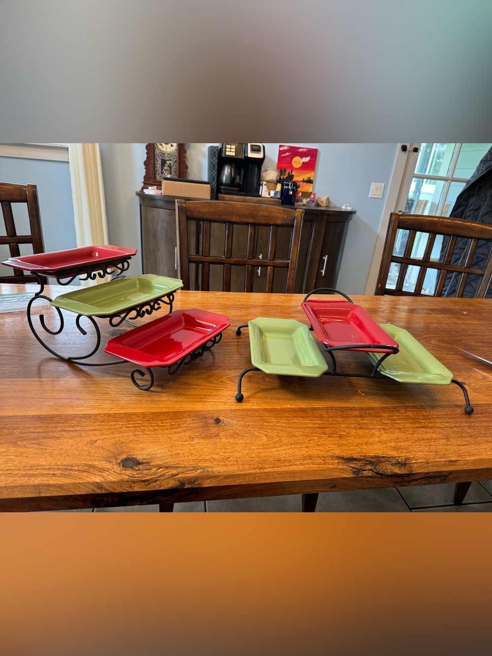Taste Of Home Red and Lime Green Ceramic Tray Set with Black Iron Stands